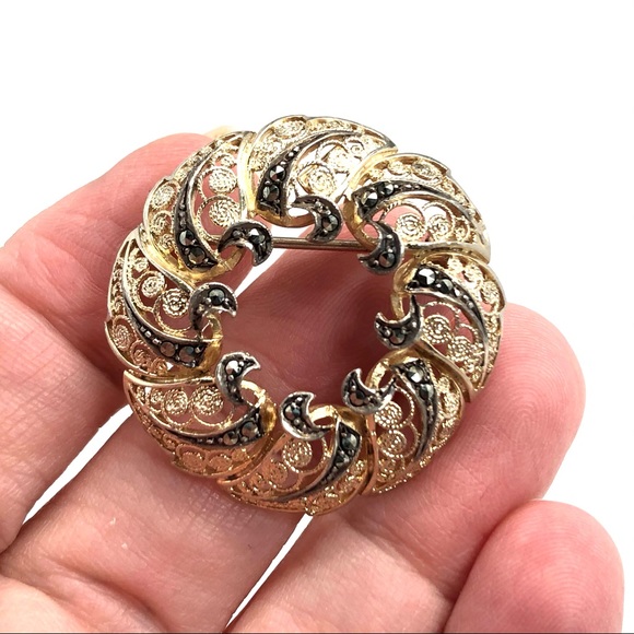 1950s Germany Sterling Gold Wash Marcasite Filigree  50s Gold & Sterling Filigree & Marcasite Brooch